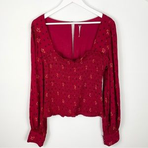 Free People Red Printed Long Sleeve Two Face Mini Dress Altered Into Blouse Sz M